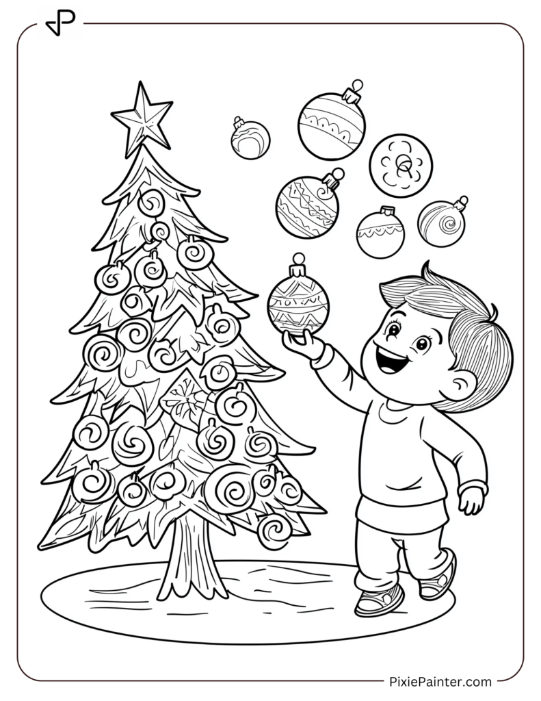 Christmas Coloring Page For Kids - Child Decorating Tree With Ornament