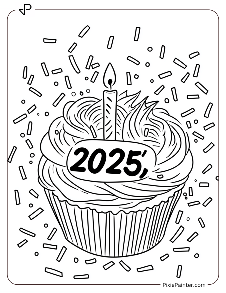 Coloring Page of A Cupcake Topped With a _2025_ Candle and Sprinkles