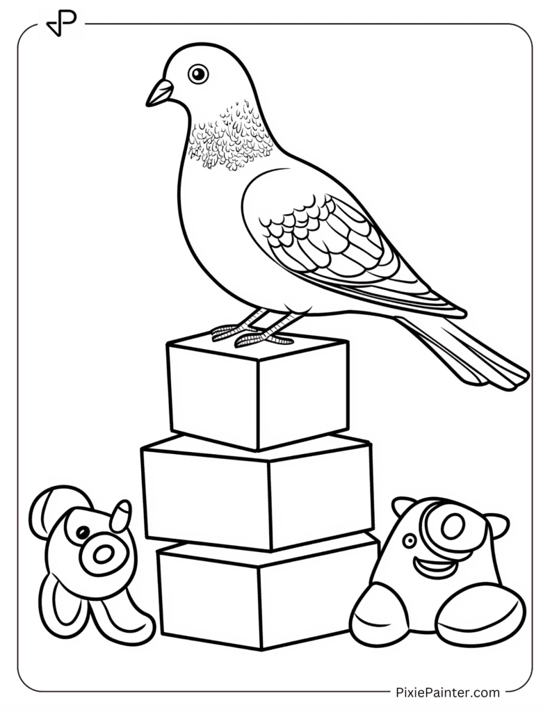 A pigeon perched on a stack of toy blocks