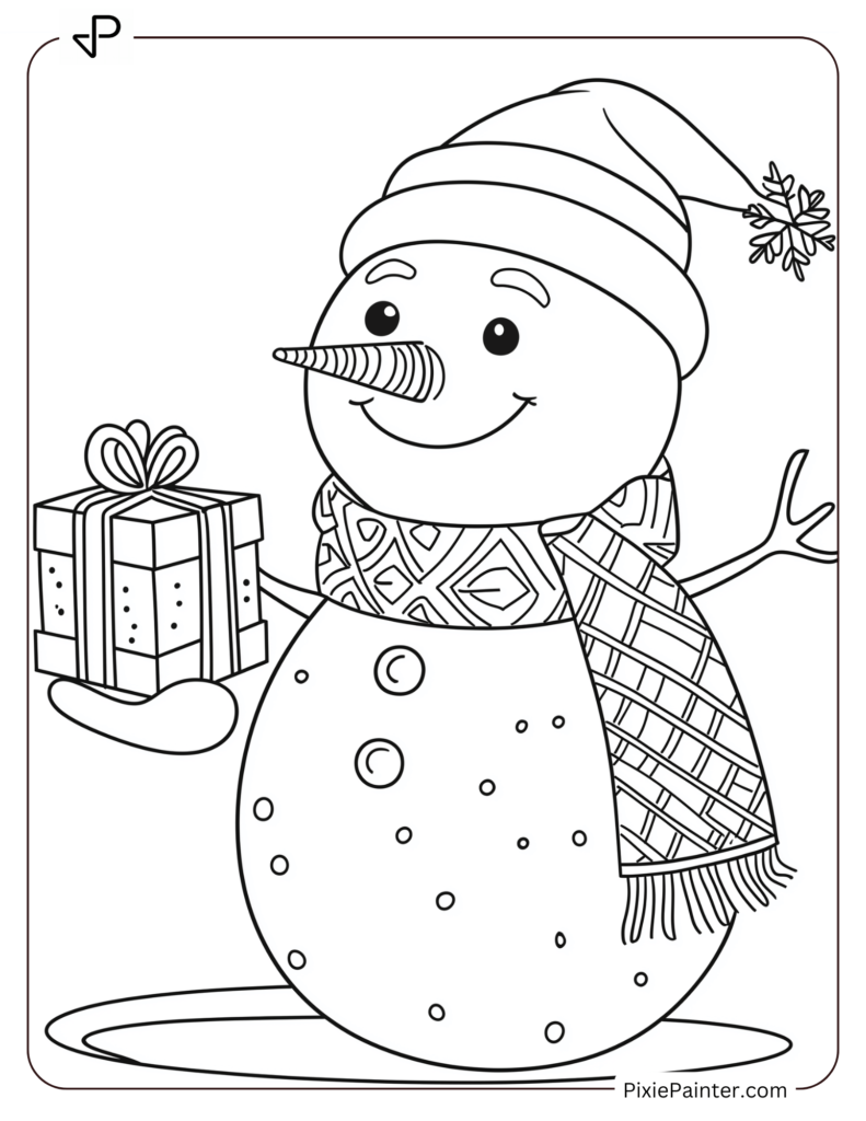 A snowman holding a gift, wrapped in a scarf