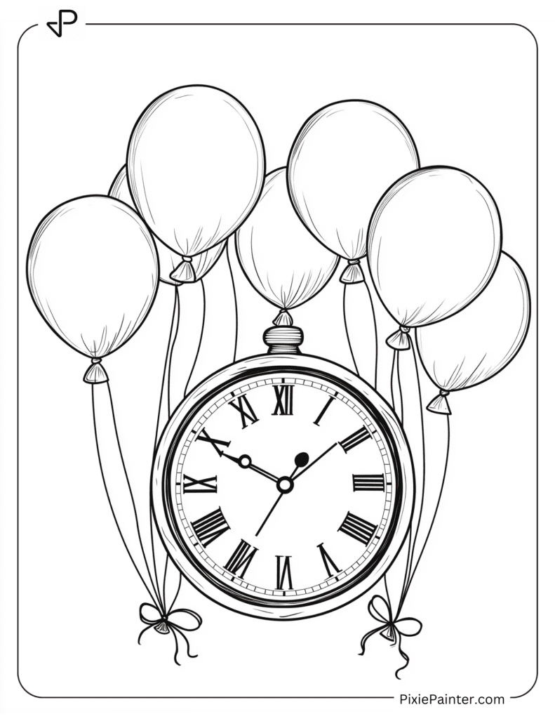 Happy New Year Coloring Page - Countdown Clock Surrounded By Balloons