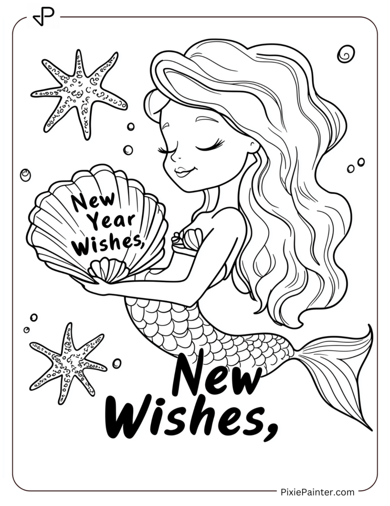 New Year Coloring Pages For Kids Where Mermaid Holding A Seashell With "New Year Wishes."