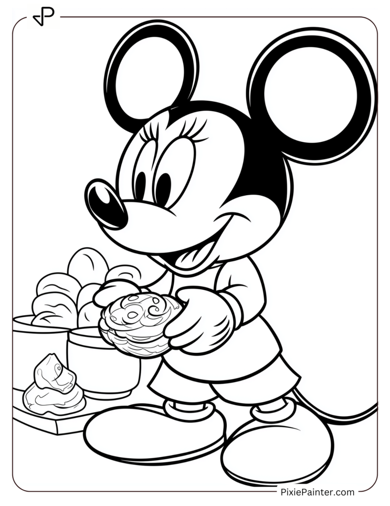 Mickey Mouse sitting by a warm fireplace with a mug of cocoa