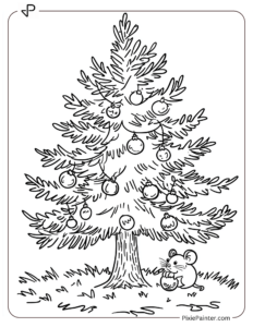 Small Christmas Tree Coloring Page | Mouse Peeking Around a Tiny Tree With Lights and Baubles