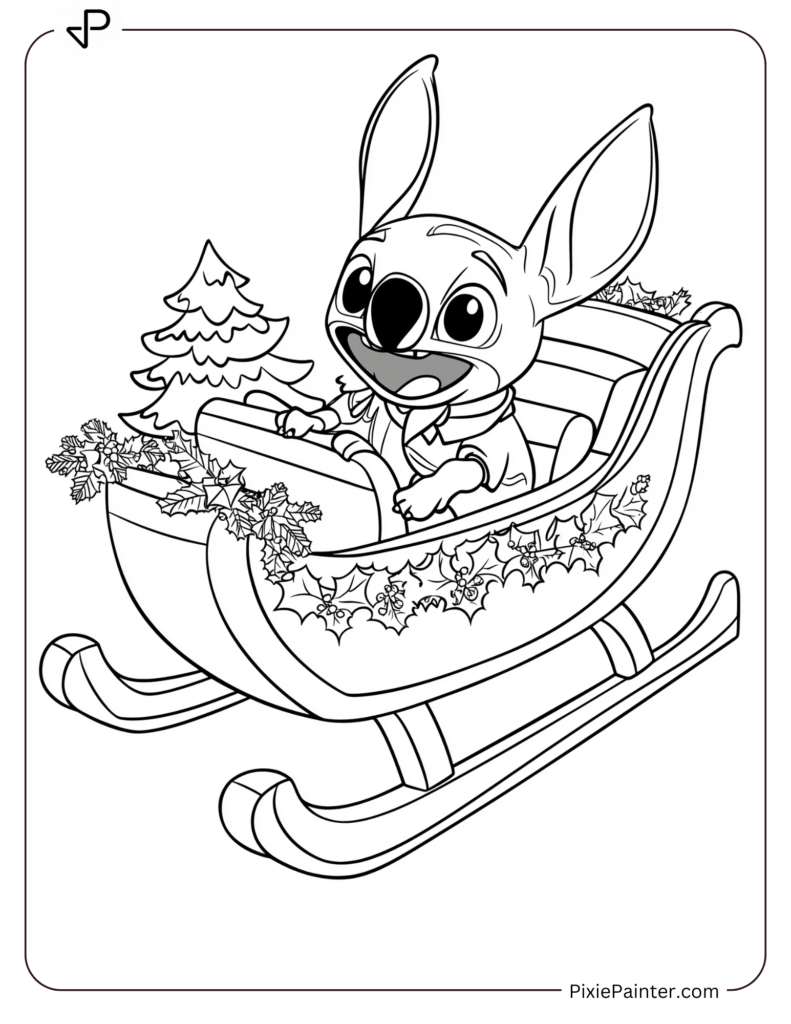 9. Stitch Riding on Christmas Sleigh Coloring Pages