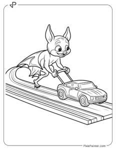 A Bat Pushing a Toy Car Along a Track