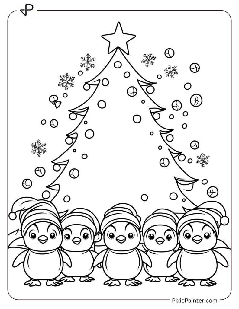 A Blank Christmas Tree Surrounded By Cute Penguins Wearing Santa Hats