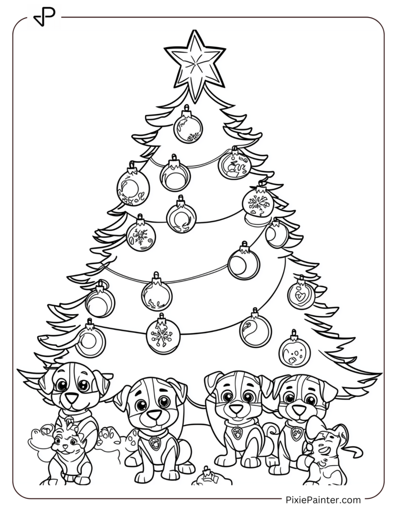 A Blank Christmas Tree Surrounded By Cute Puppies