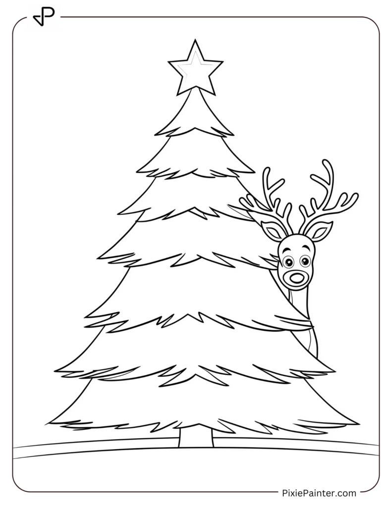 A Blank Christmas Tree With A Reindeer Peeking Out From Behind