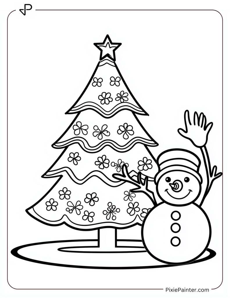 A Blank Christmas Tree With A Snowman Waving Beside It