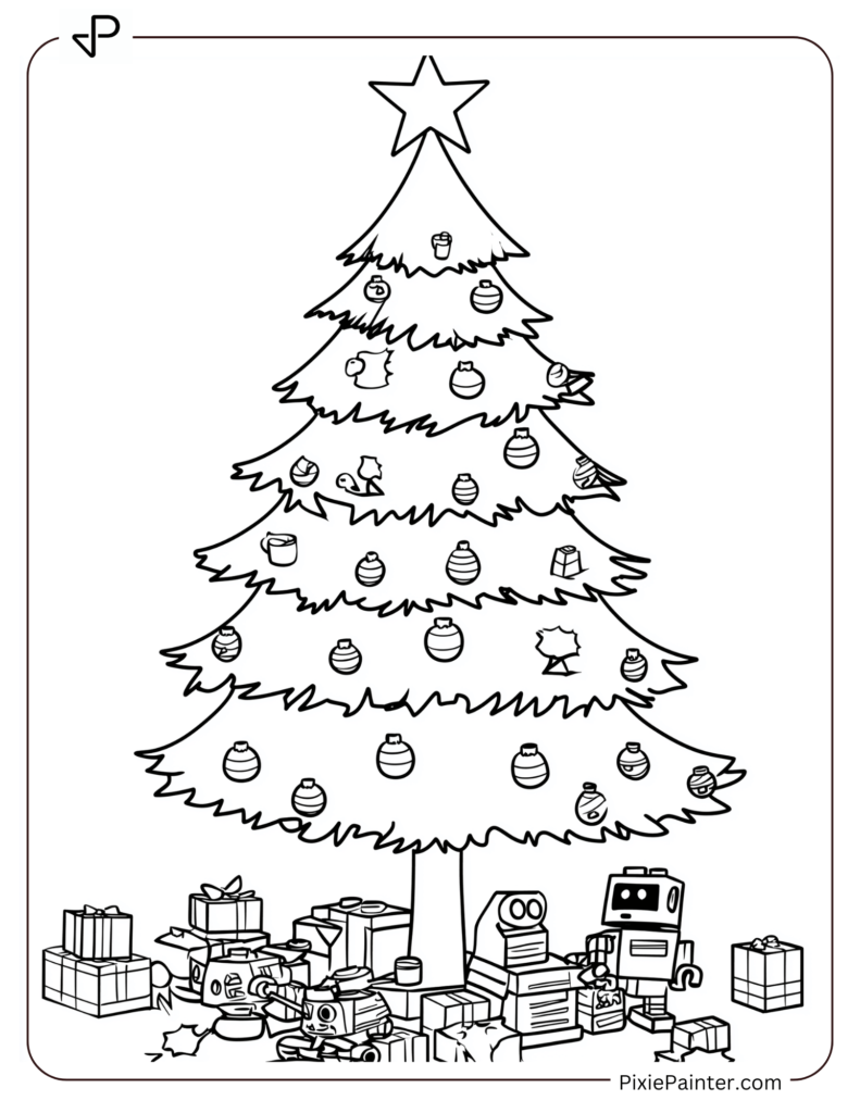 A Blank Christmas Tree With Building Bricks And Mini Robots Underneath