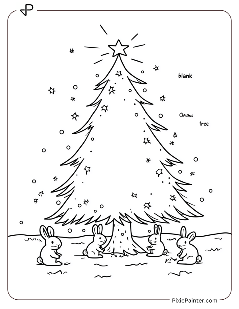 A Blank Christmas Tree With Bunnies Playing At The Base