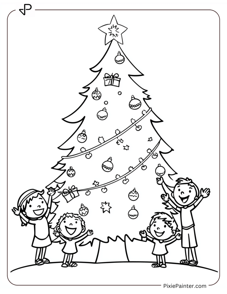 A Blank Christmas Tree With Kids Singing Carols Around It