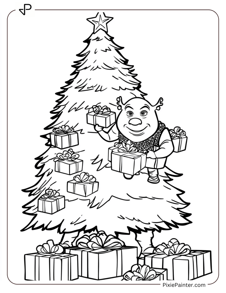 A Blank Christmas Tree With Shrek Carrying Christmas Presents