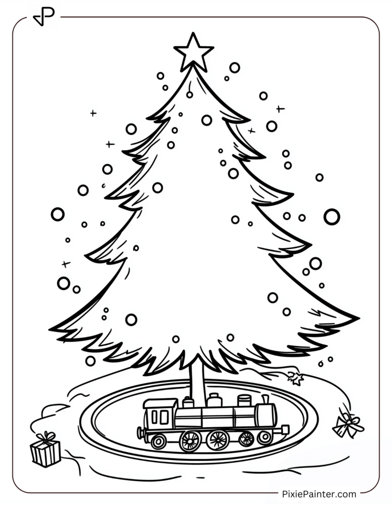 A Blank Christmas Tree With Toy Trains Circling Its Base