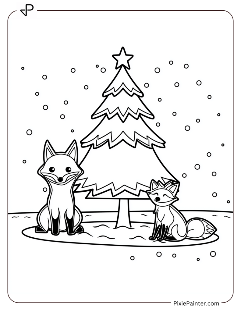 A Blank Christmas Tree With Two Fox Sitting In The Snow