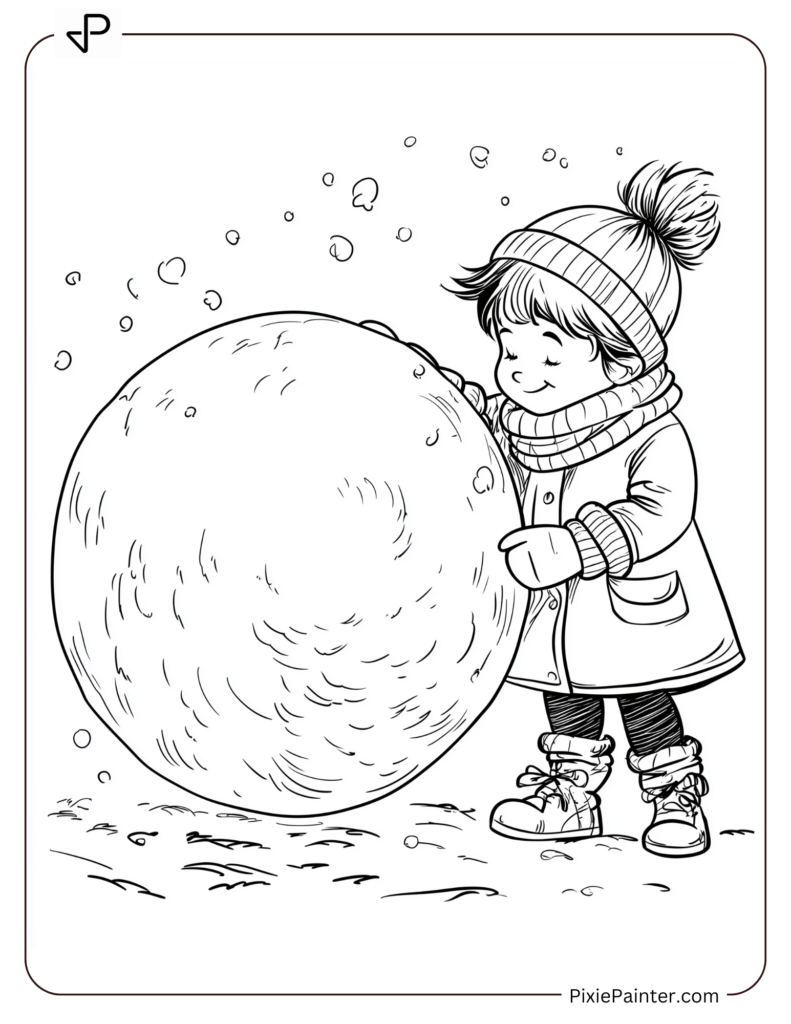 A Child Wearing Mittens And Scarf, Rolling An Ice Ball.