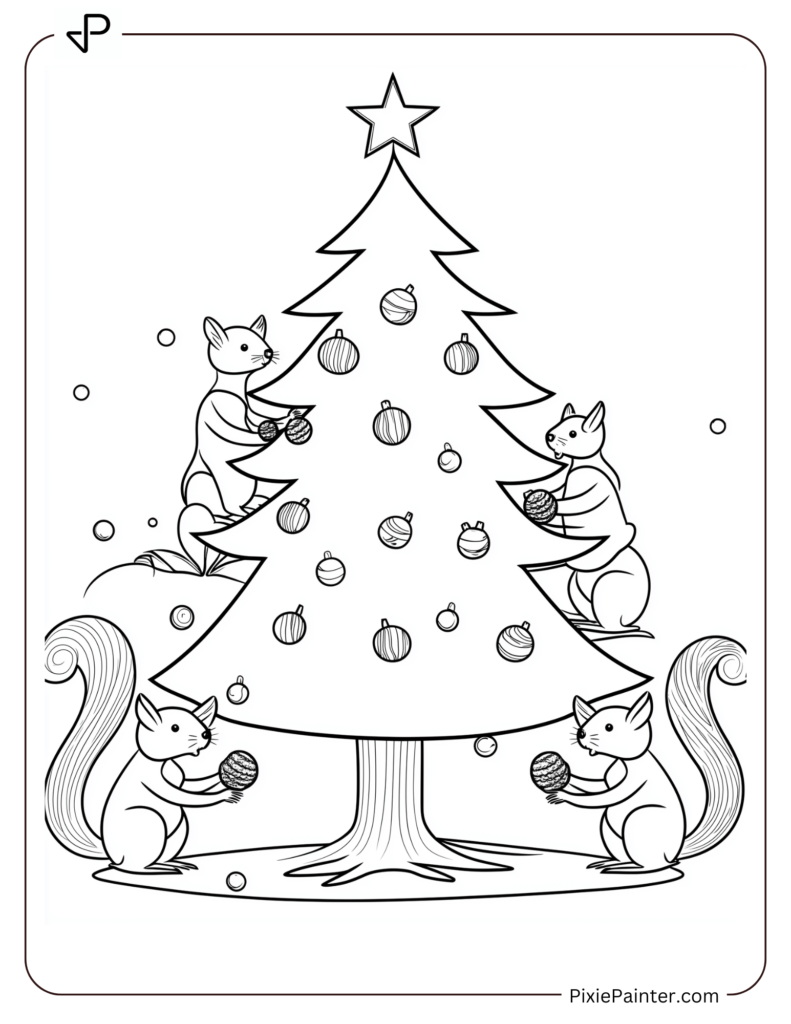 A Christmas Tree With Squirrels Holding Acorns Around It