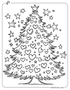 A Giant Christmas Tree Decorated With Hearts And Stars