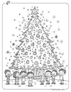 A Giant Christmas Tree Surrounded By Happy Kids