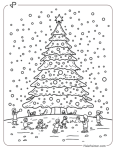 A Giant Christmas Tree Surrounded By Kids Playing In The Snow