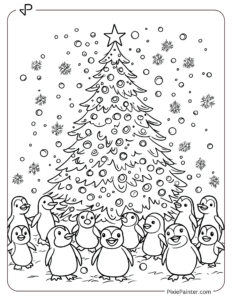 A Giant Christmas Tree Surrounded By Smiling Penguins