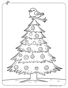 A Giant Christmas Tree With A Cheerful Bird On The Top Branch