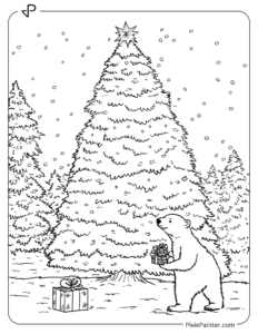 A Giant Christmas Tree With A Polar Bear Holding A Gift Nearby