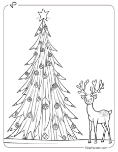 A Giant Christmas Tree With Cheerful Reindeer Standing Nearby