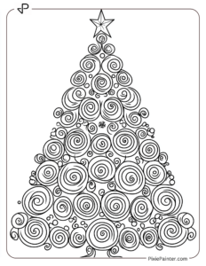 A Giant Christmas Tree With Simple Swirls For Decoration