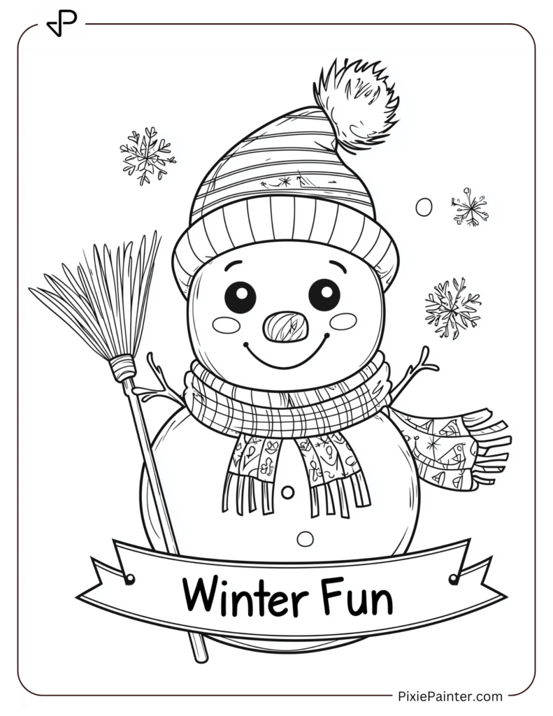 Cheerful Snowman With A Scarf And Hat, Holding A Broom.