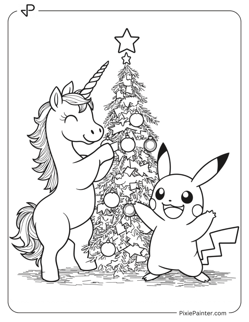 A Unicorn And Pikachu Decorating A Christmas Tree With Ornaments