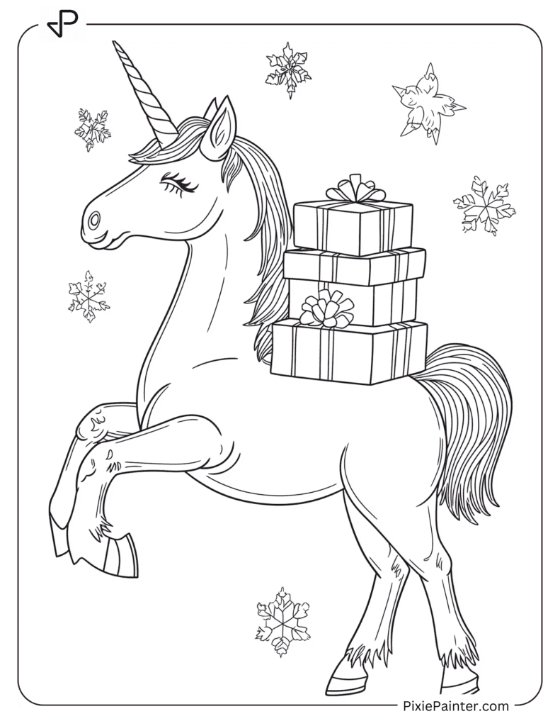 A Christmas Unicorn Balancing A Stack Of Presents On Its Back