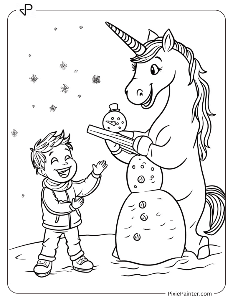 A Unicorn Building A Snowman With A Laughing Child