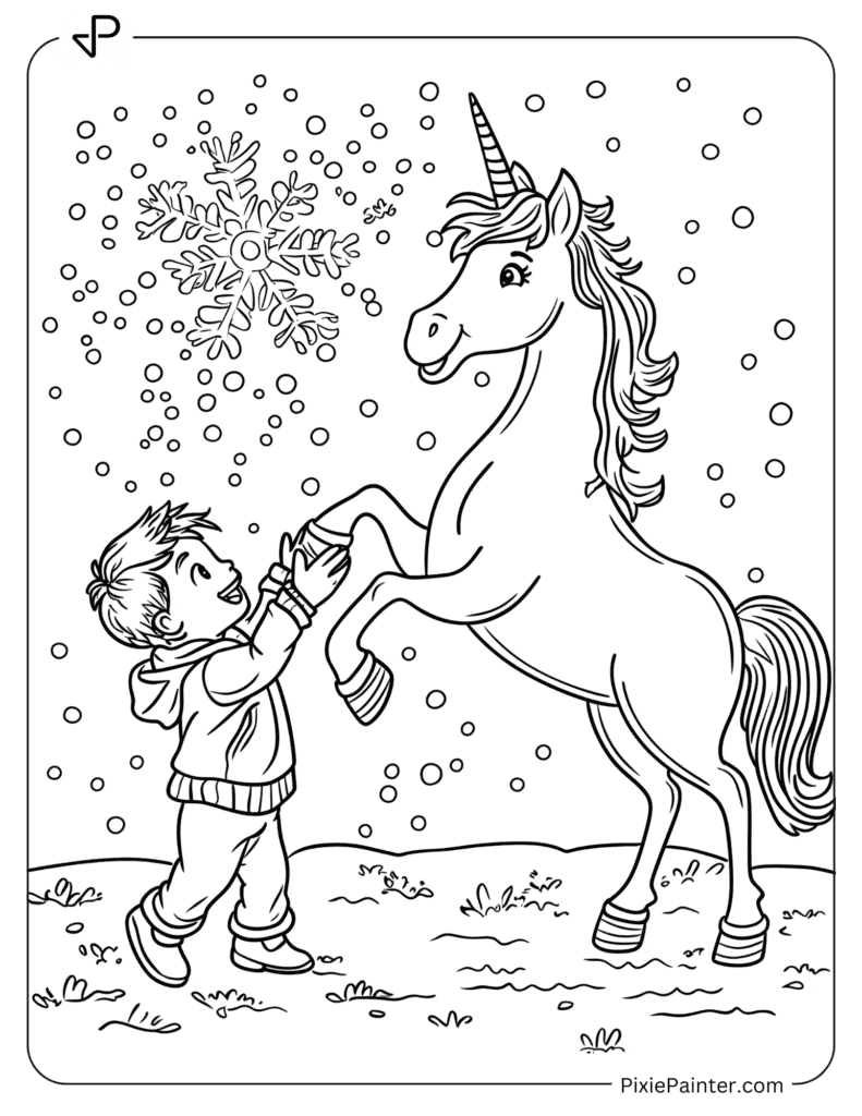 A Unicorn Chasing Snowflakes With A Child