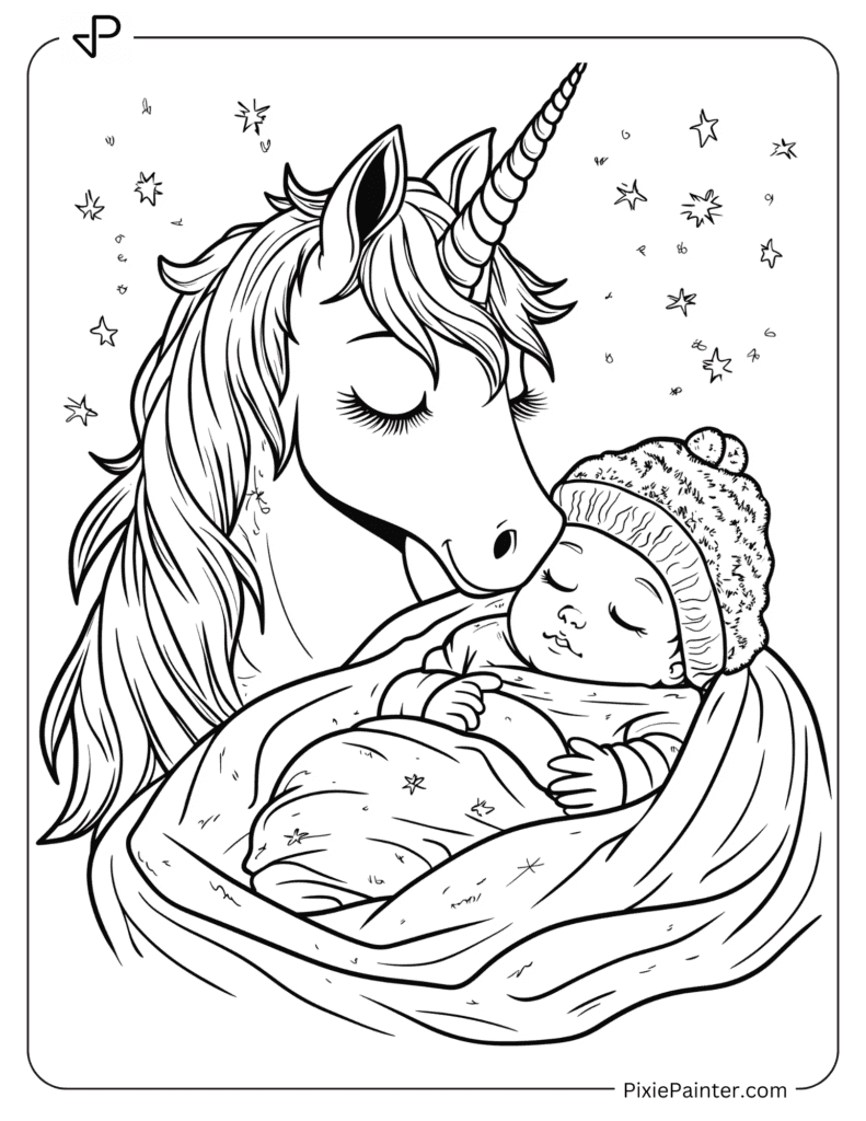 A Unicorn Cuddling With A Baby Sleeping Under A Blanket