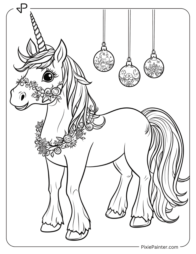 A Christmas Unicorn Decorated With Ornaments