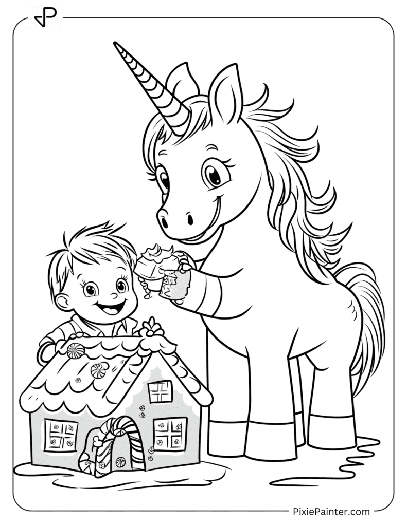 A Unicorn Decorating A Gingerbread House With A Young Child