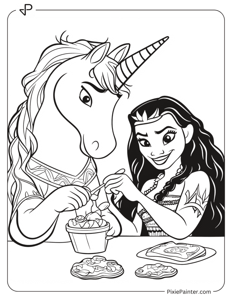 A Unicorn Decorating Cookies With Moana.