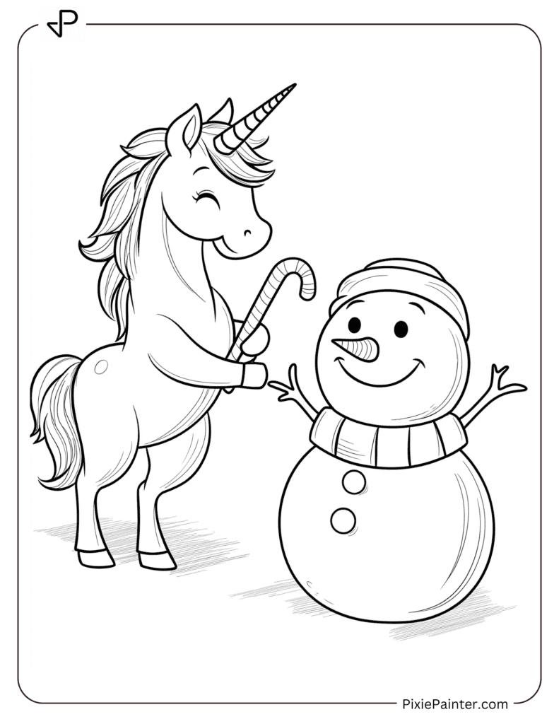 A Unicorn Giving A Candy Cane To A Smiling Snowman