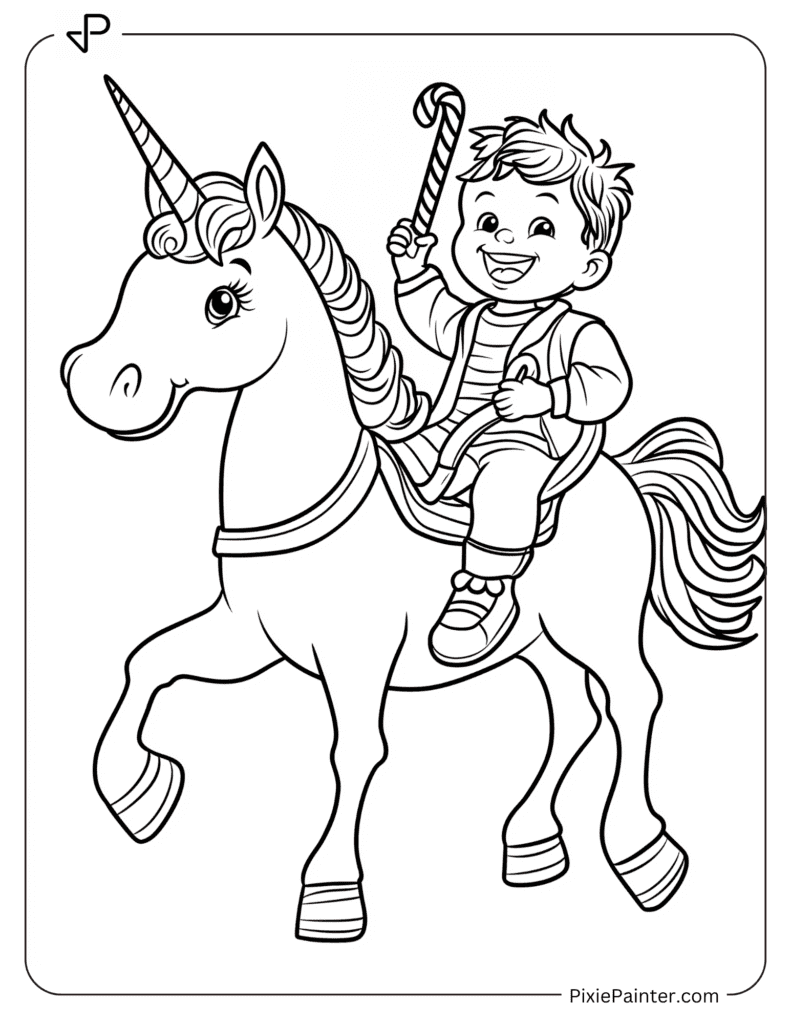 A Unicorn Giving A Ride To A Toddler Holding A Candy Cane