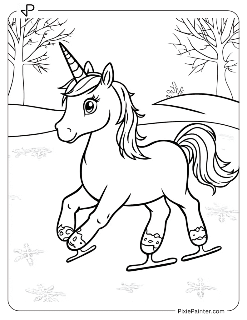 A Unicorn Ice Skating On A Frozen Pond, Coloring Page For Kids