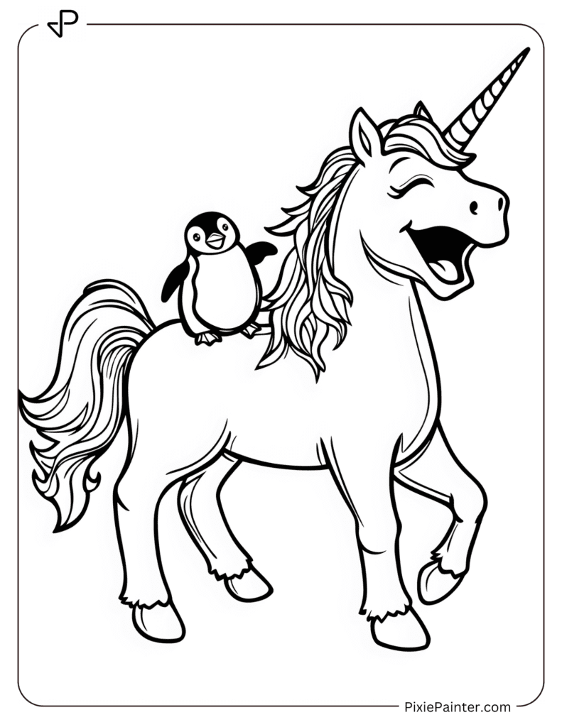 A Unicorn Laughing As It Balances A Small Penguin On Its Back