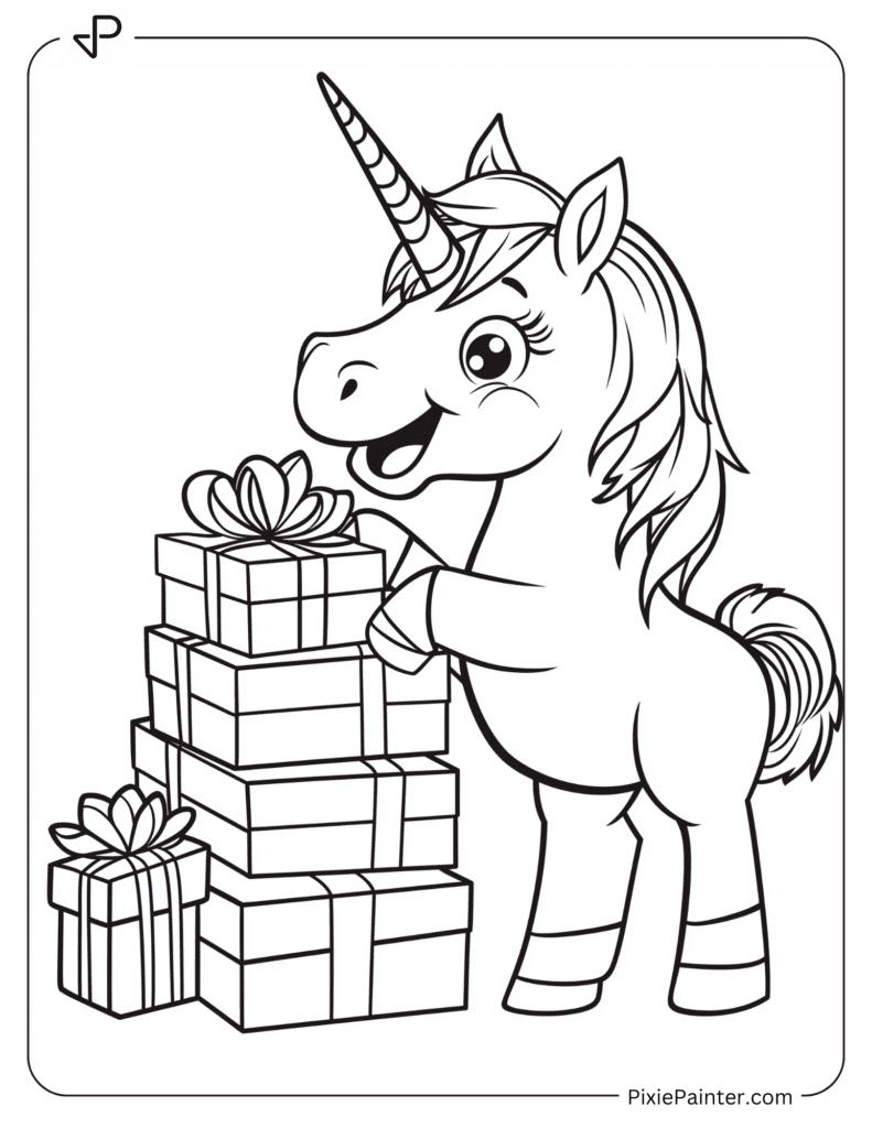 A Unicorn Playfully Poking Its Nose Into A Stack Of Presents