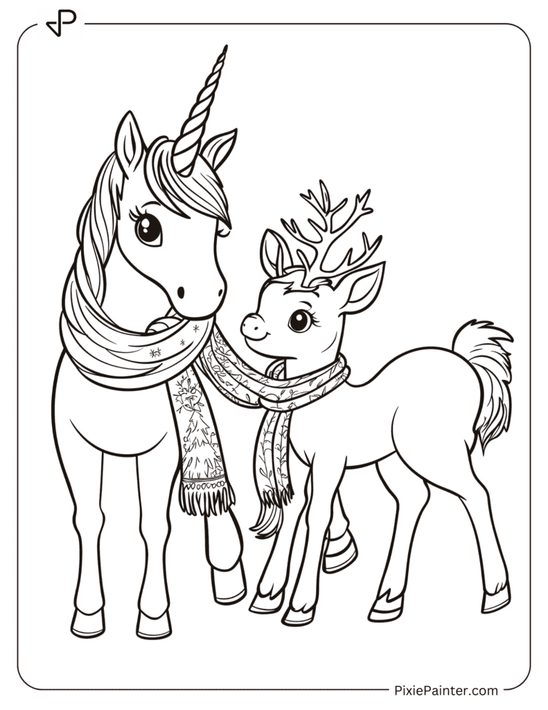 A Unicorn Sharing A Warm Scarf With A Baby Reindeer