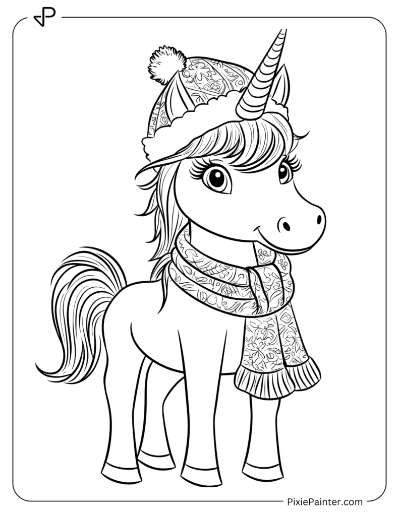 A Unicorn Wearing A Scarf And A Festive Hat