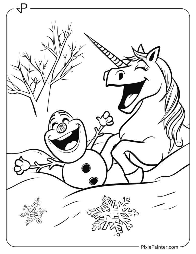 A Unicorn With Olaf From Frozen Sliding Down A Snowy Hill