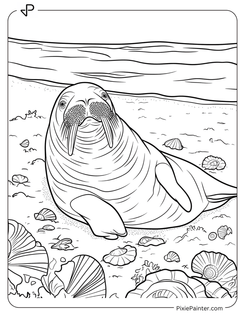 A Walrus Relaxing at Beach With Shells Around