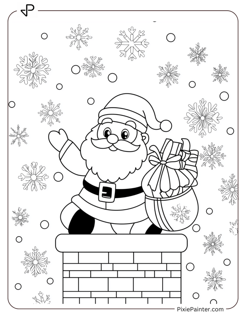 A Cartoon Santa Claus Sliding Down A Chimney With A Bag Of Gifts.