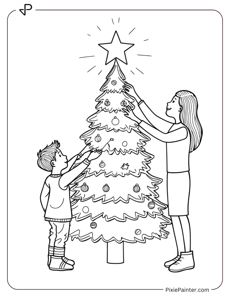 A Child Placing A Star On Top Of A Christmas Tree With A Parent